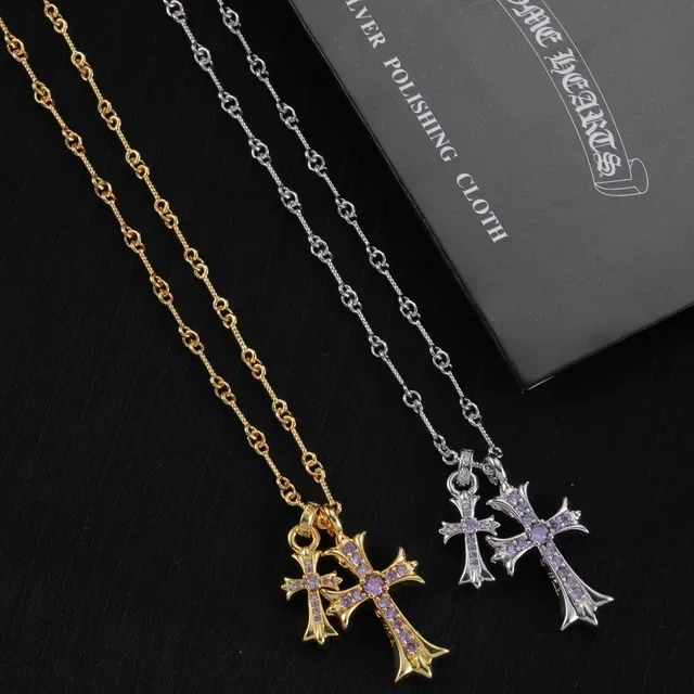 Chrome Hearts Double Cross Purple Stone Gold and Silver Necklace 7