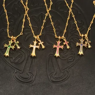 Chrome Hearts Gothic Cross Gem-Set Double Cross Necklaces