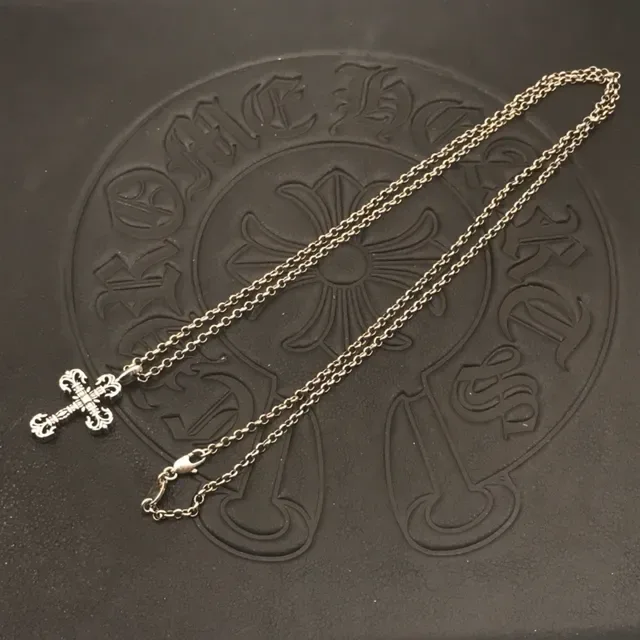 Chrome Hearts Silver Black Ornate Filigree Cross Metal Necklace 6
