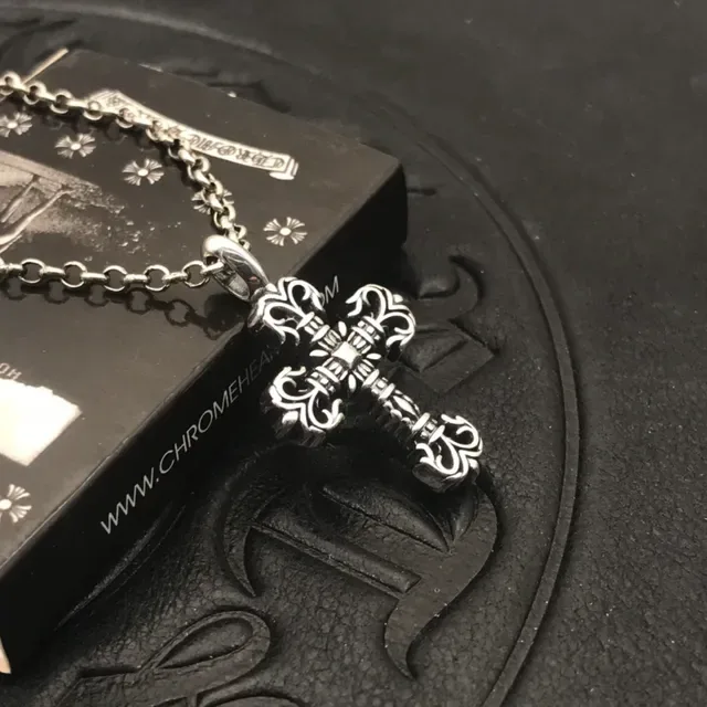 Chrome Hearts Silver Black Ornate Filigree Cross Metal Necklace 8