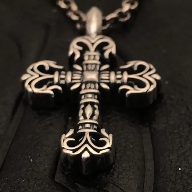 Chrome Hearts Silver Black Ornate Filigree Cross Metal Necklace 9