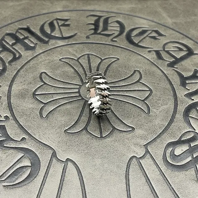 Chrome Hearts Spiked Chain Ring Silver Curb Band High-Polish Metal Ring 6