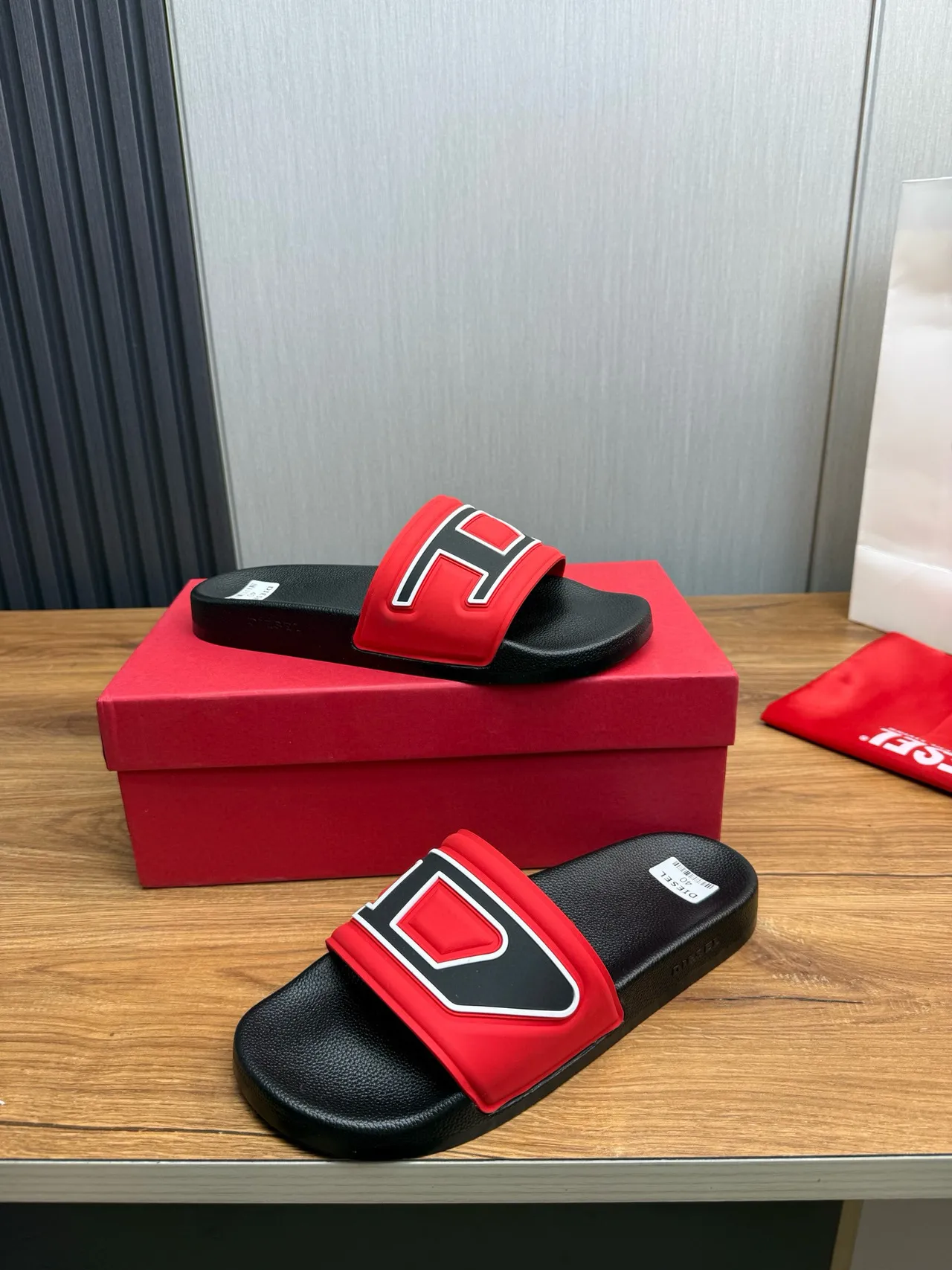 Diesel D-Slide Red Black White Molded Strap Slippers 4