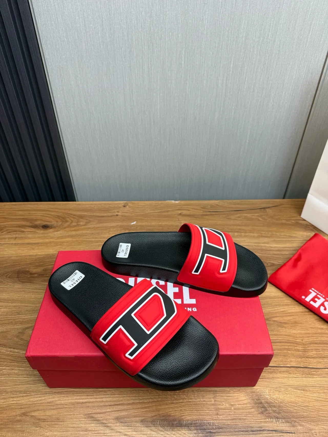 Diesel D-Slide Red Black White Molded Strap Slippers 6