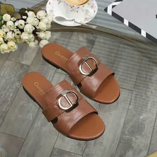 Christian Dior Brown Silver Double-Strap Metal CD Buckle Slippers