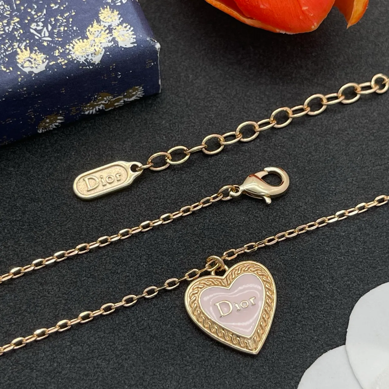 Dior Amour Gold Pink Chain Heart-Shaped Pendant Necklace 4