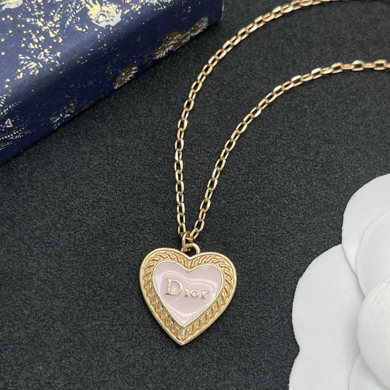Dior Amour Gold Pink Chain Heart-Shaped Pendant Necklace 6