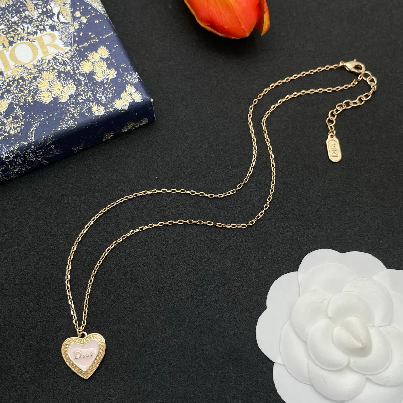 Dior Amour Gold Pink Chain Heart-Shaped Pendant Necklace 7