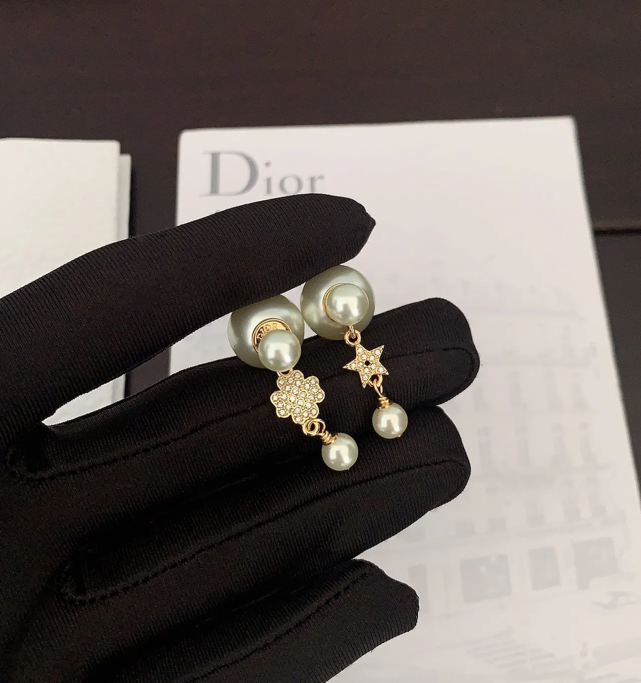 Dior Asymmetrical Pearl and Crystal Drop Earrings 4