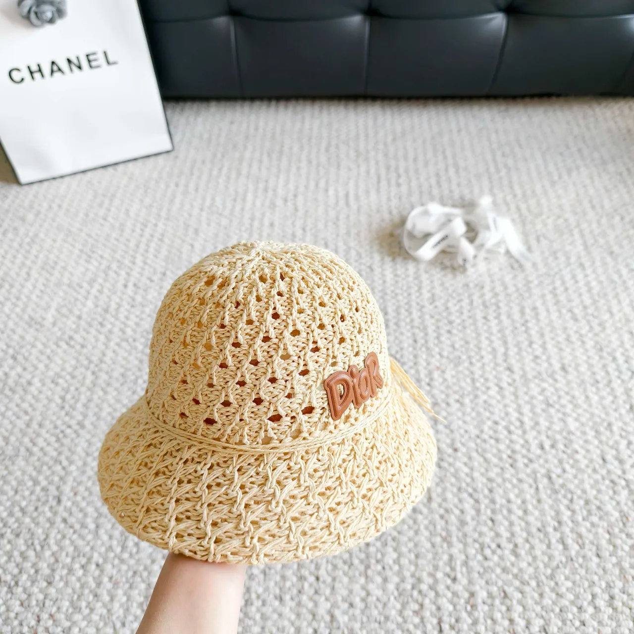 Dior Beige Brown Woven Crochet Openwork Texture Bucket Hat 2