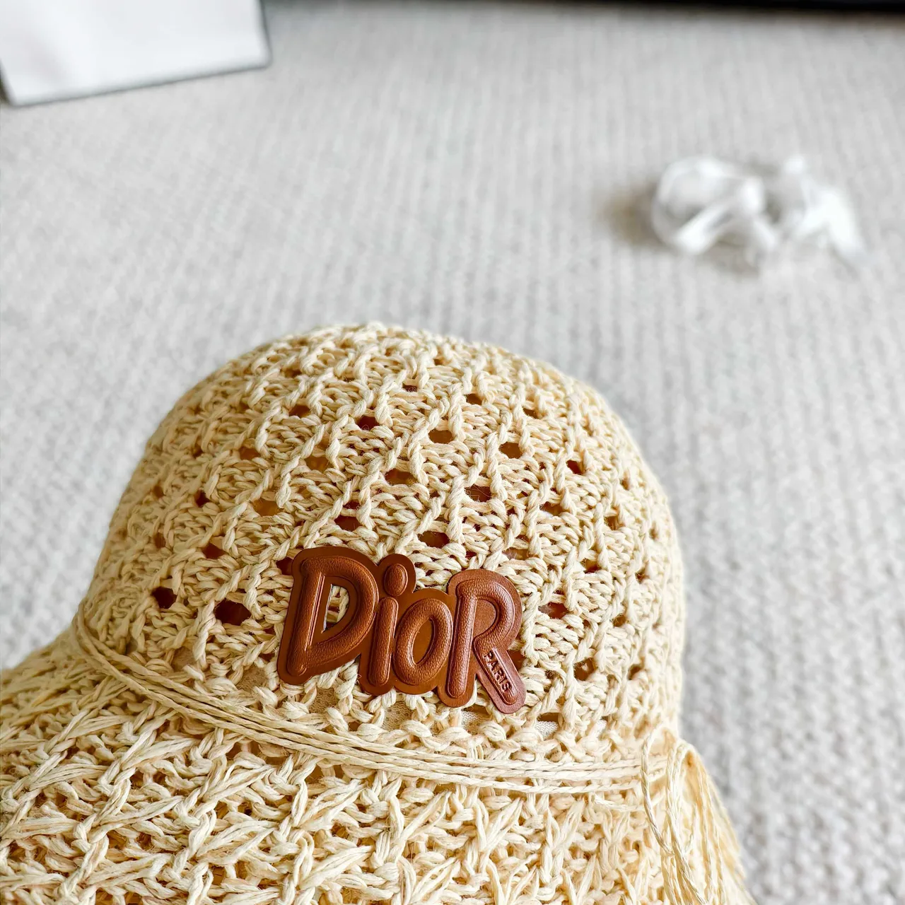 Dior Beige Brown Woven Crochet Openwork Texture Bucket Hat 3