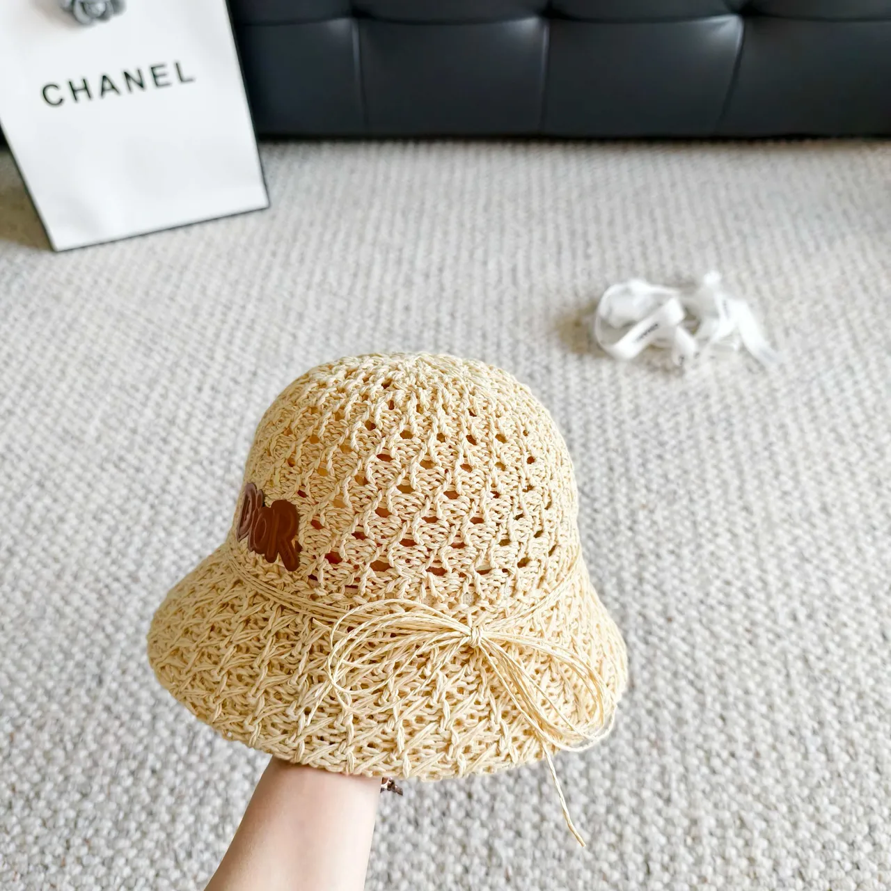 Dior Beige Brown Woven Crochet Openwork Texture Bucket Hat 4