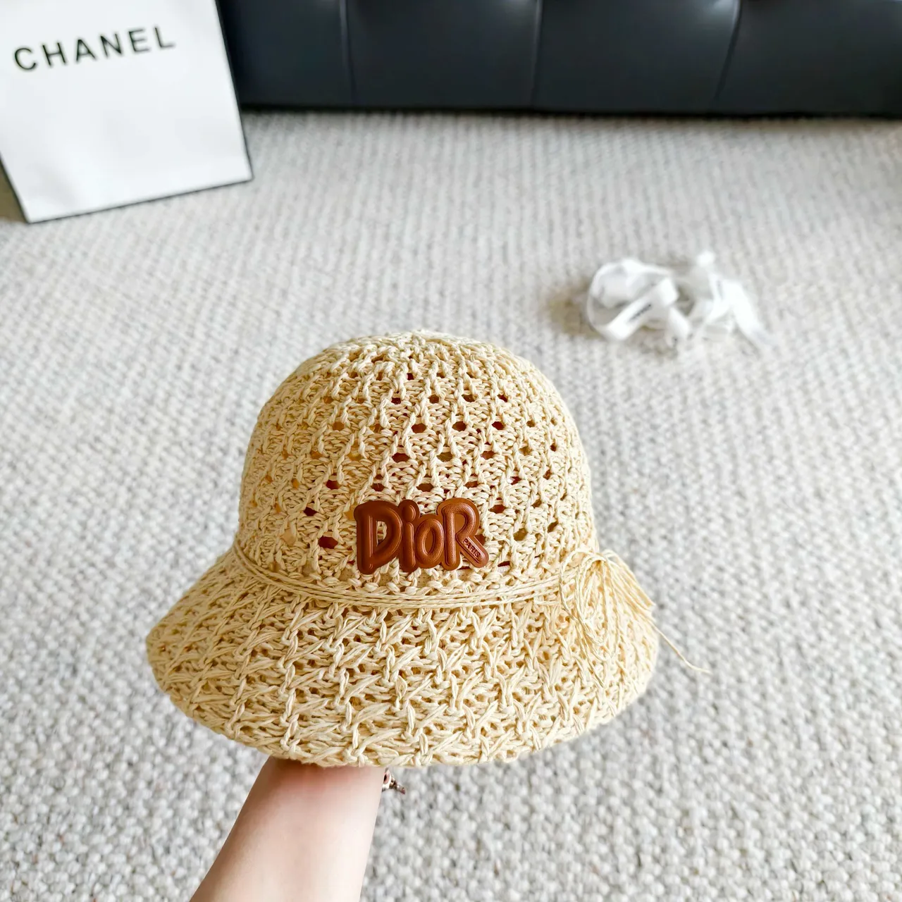 Dior Beige Brown Woven Crochet Openwork Texture Bucket Hat 5
