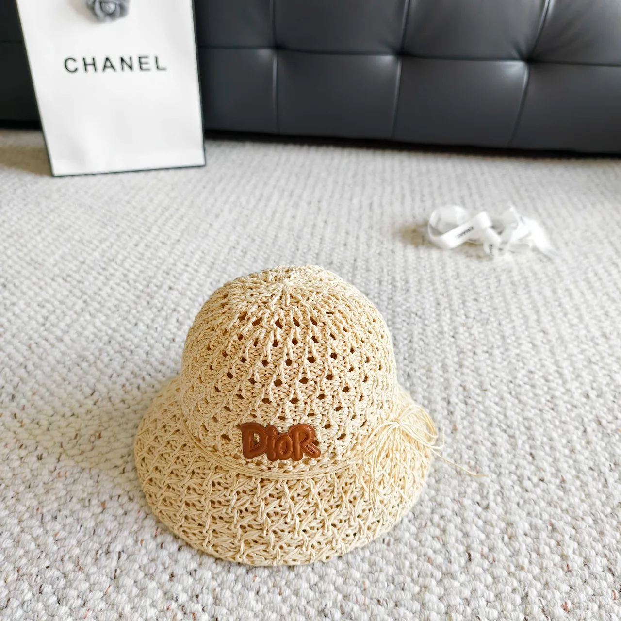 Dior Beige Brown Woven Crochet Openwork Texture Bucket Hat 7