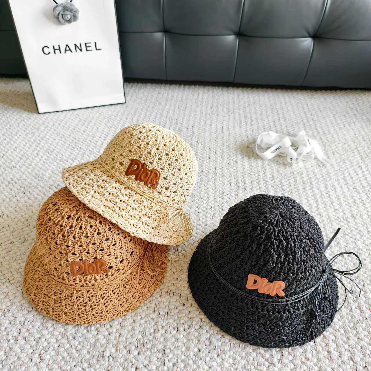 Dior Beige Brown Woven Crochet Openwork Texture Bucket Hat 10