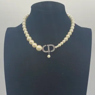 Dior 米色 银色 珍珠 串 水晶镶嵌 CD Logo 项链