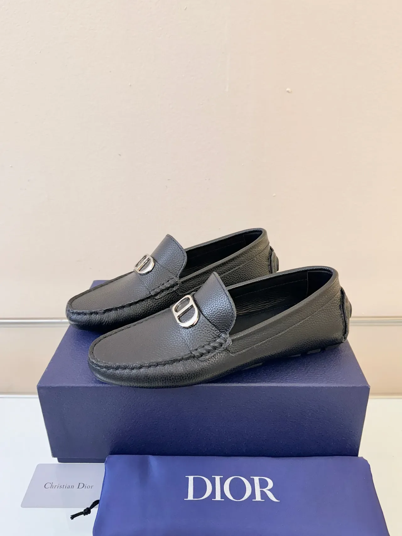 Dior Black Gold Pebbled Leather D-Buckle Hardware Loafer 2