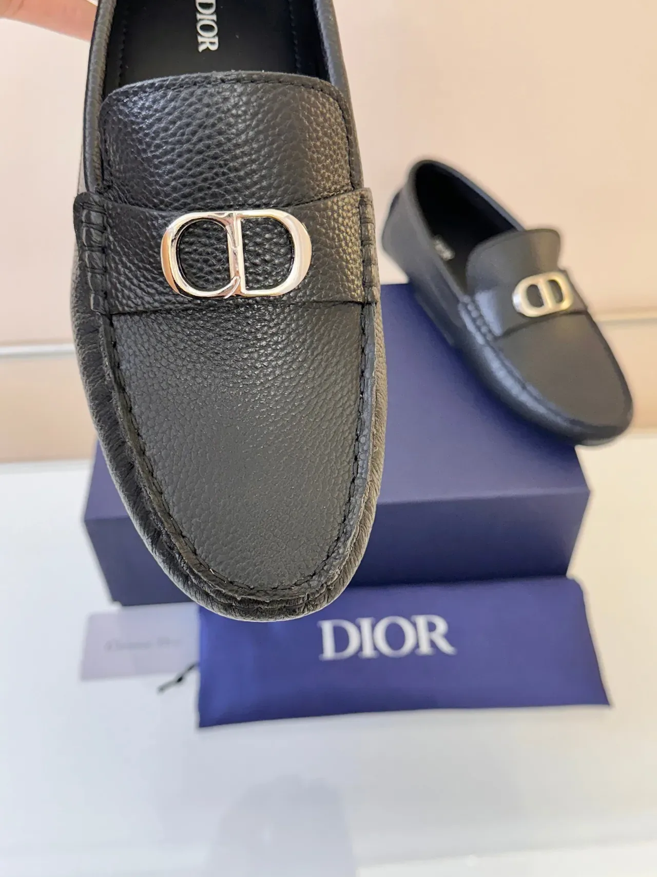 Dior Black Gold Pebbled Leather D-Buckle Hardware Loafer 3