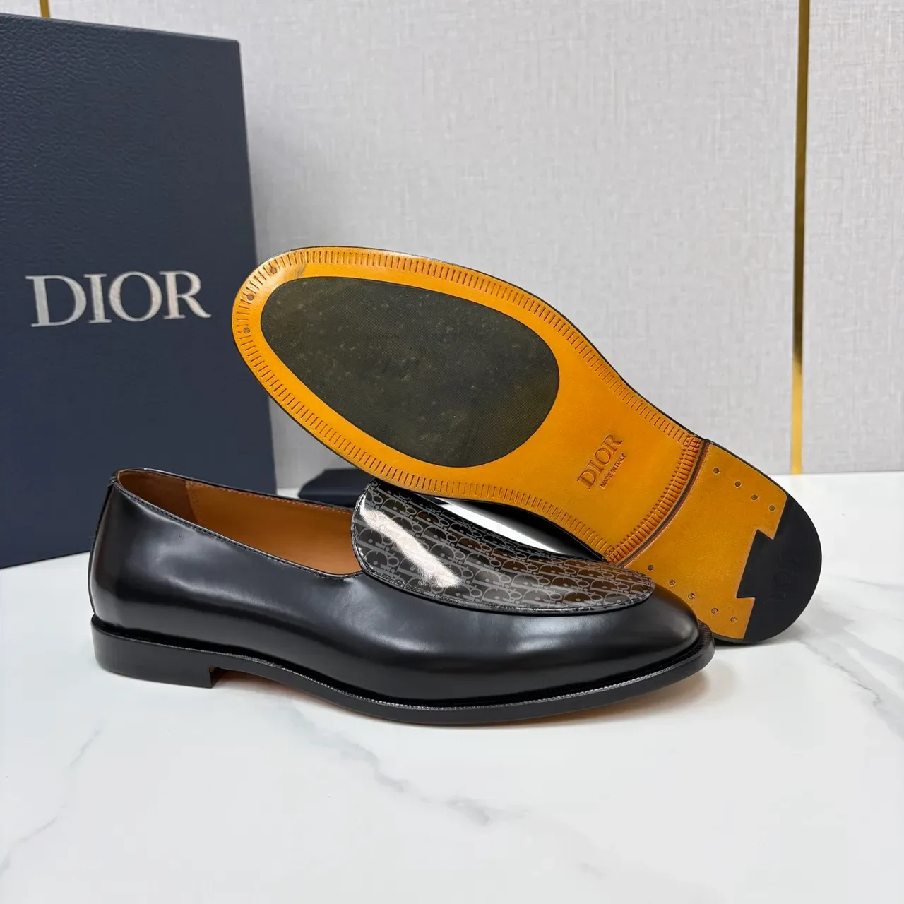 Dior Black Gray Glossy Leather Monogrammed Vamp Loafer 2