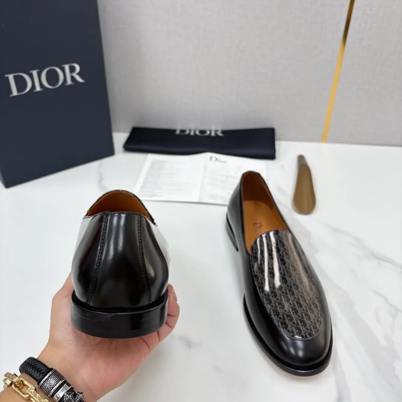 Dior Black Gray Glossy Leather Monogrammed Vamp Loafer 3