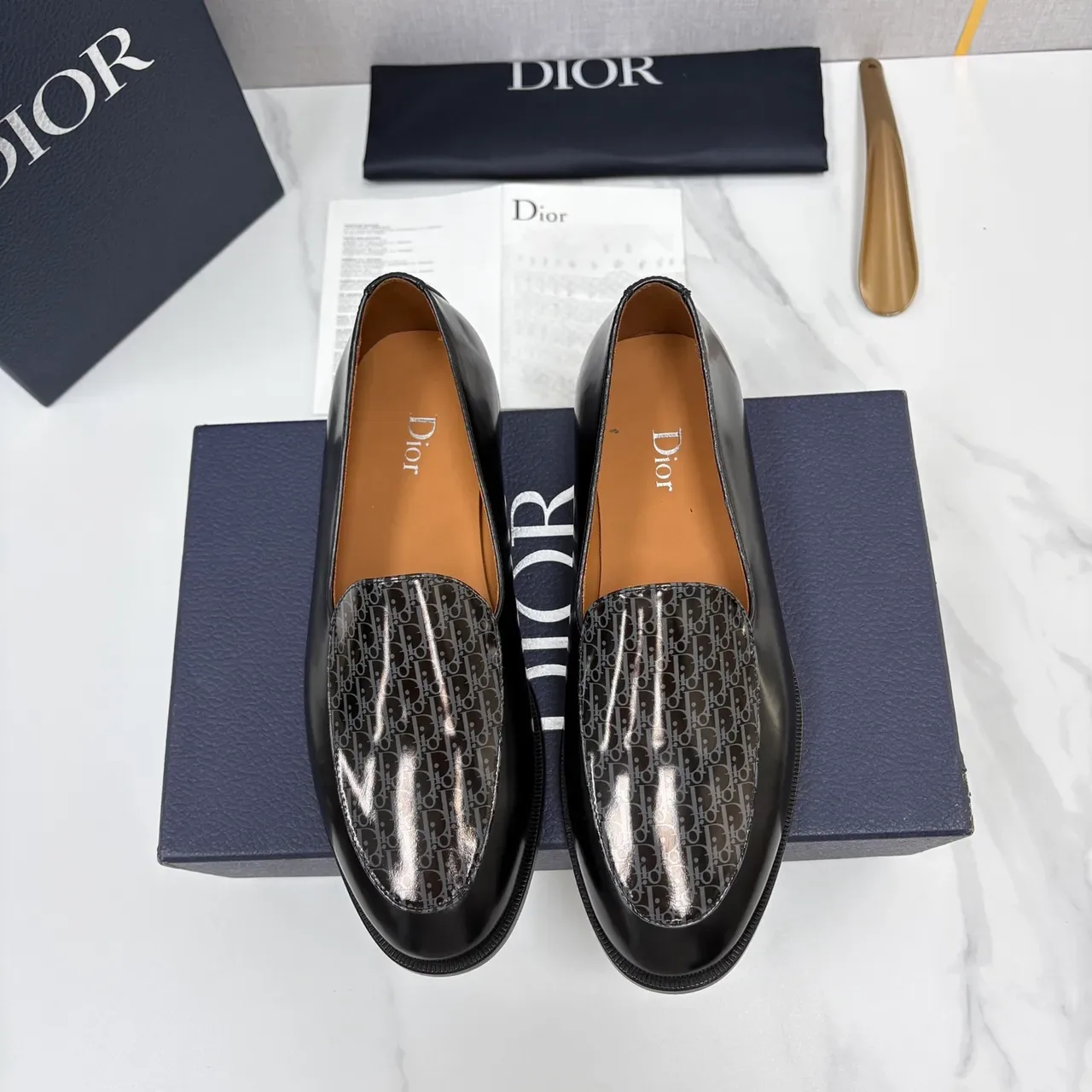 Dior Black Gray Glossy Leather Monogrammed Vamp Loafer 5
