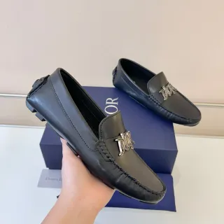 Dior Black Silver Leather Metal Logo Detail Loafer