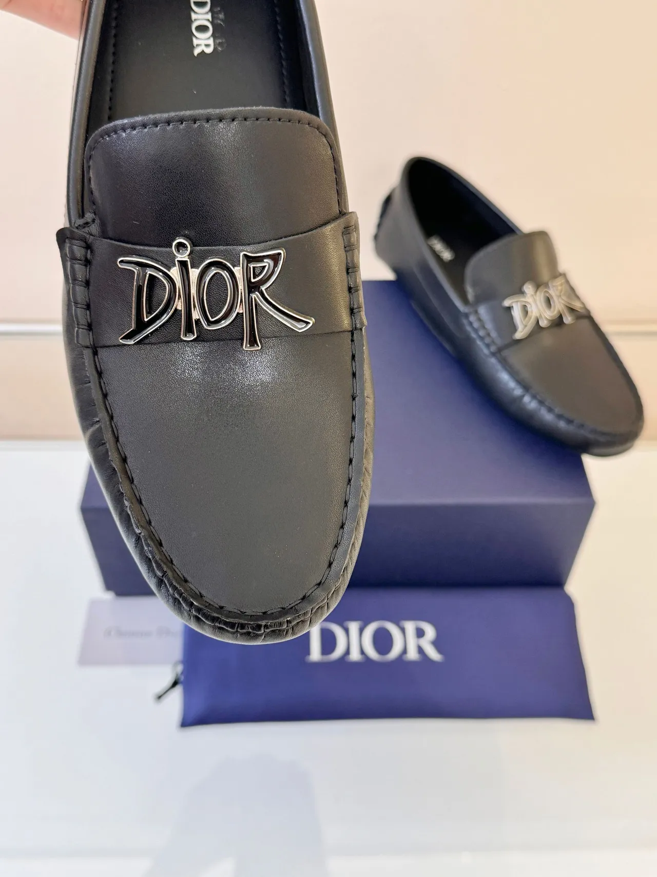 Dior Black Silver Leather Metal Logo Detail Loafer 3
