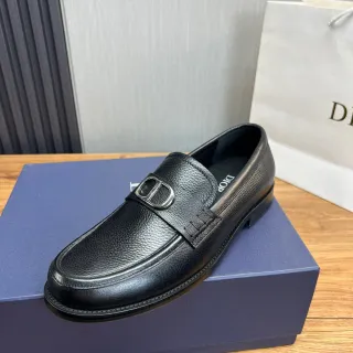 Dior Black Silver Pebbled Leather Metal D-Buckle Loafer