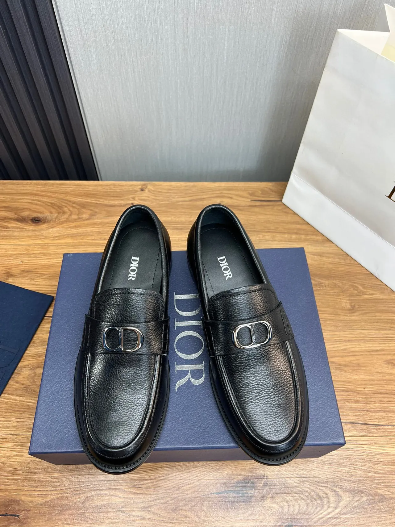 Dior Black Silver Pebbled Leather Metal D-Buckle Loafer 2