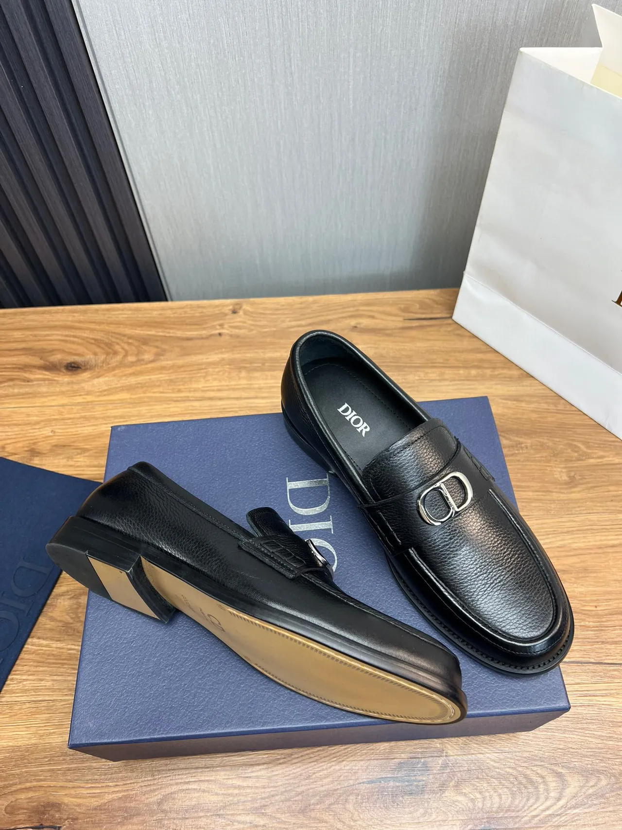 Dior Black Silver Pebbled Leather Metal D-Buckle Loafer 5