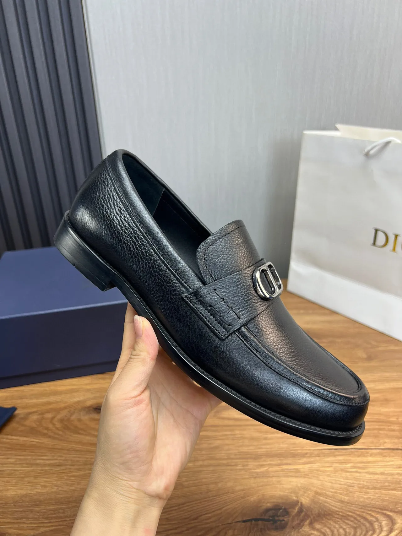 Dior Black Silver Pebbled Leather Metal D-Buckle Loafer 6