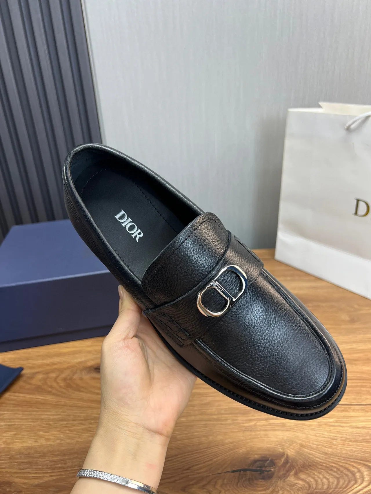 Dior Black Silver Pebbled Leather Metal D-Buckle Loafer 7