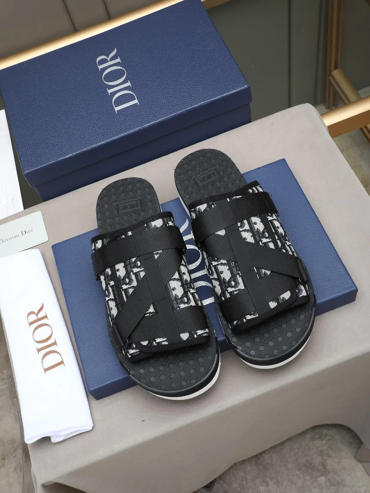 Dior Brown Black Monogrammed Fabric Multi-Strap Slippers 4