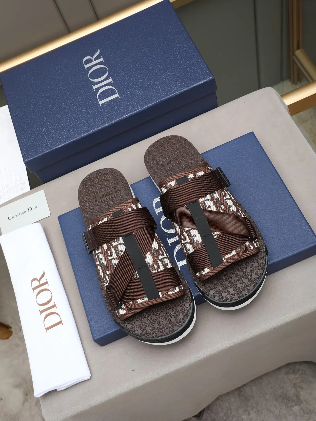 Dior Brown Black Monogrammed Fabric Multi-Strap Slippers 5