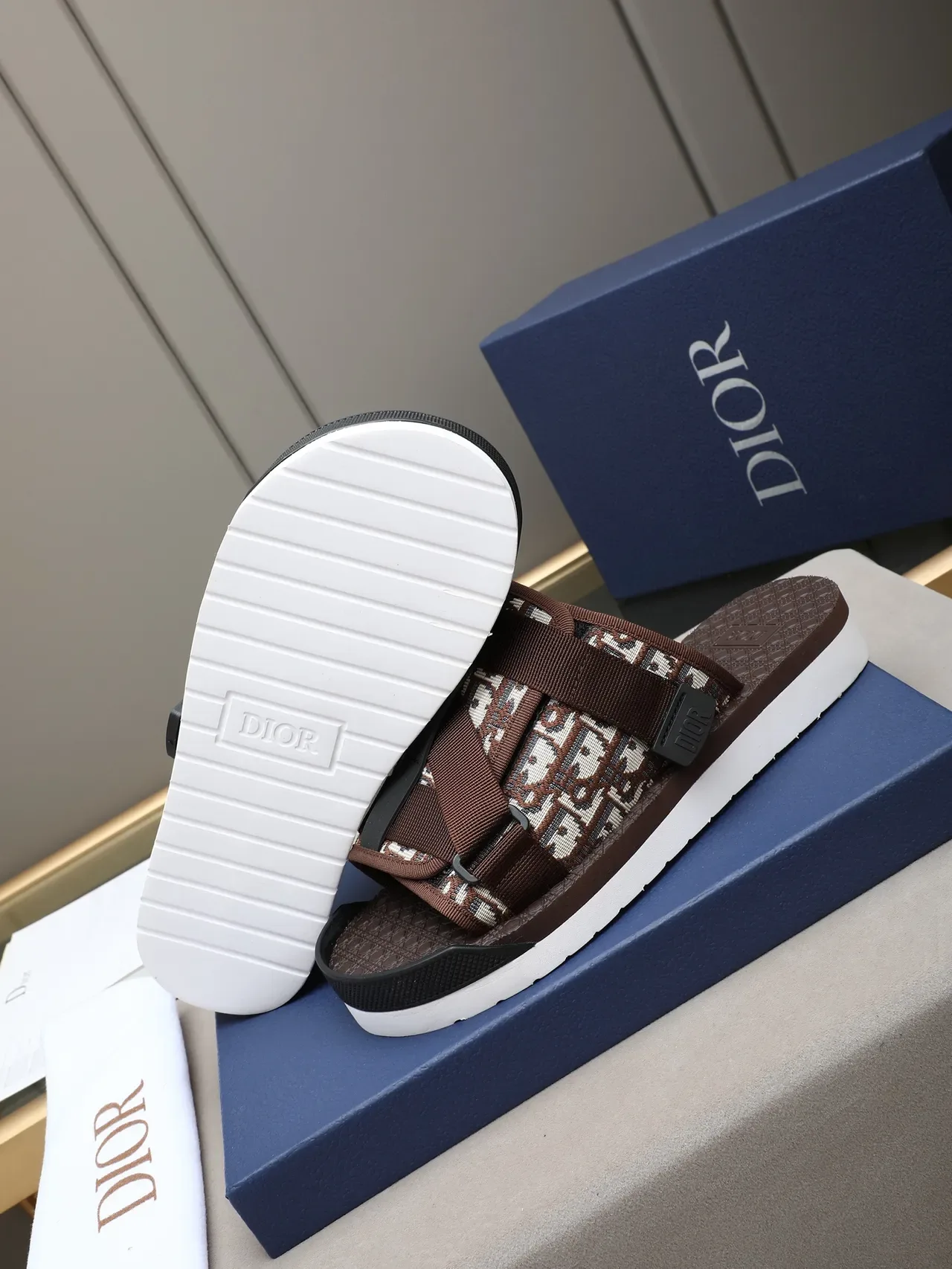Dior Brown Black Monogrammed Fabric Multi-Strap Slippers 8