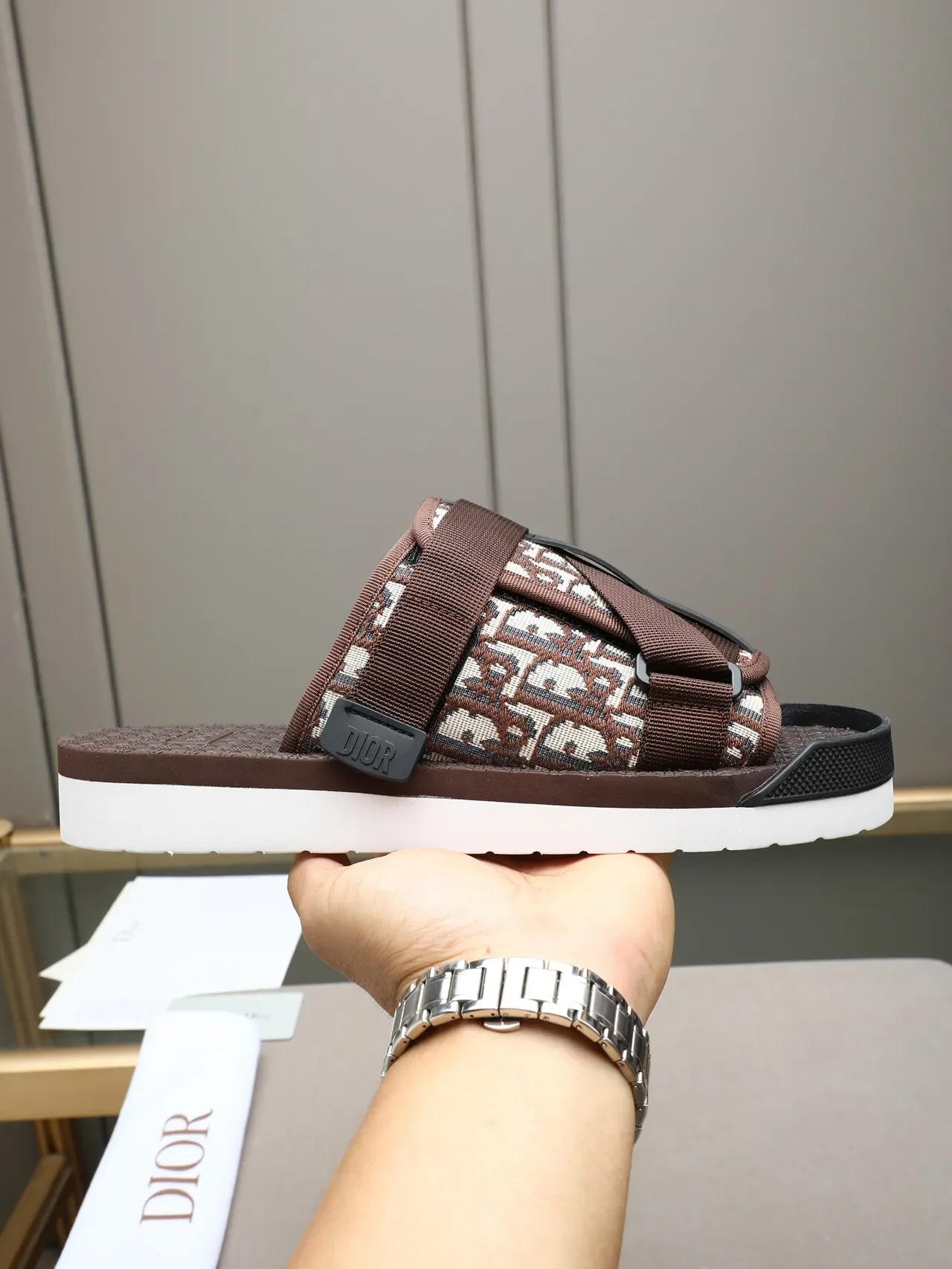 Dior Brown Black Monogrammed Fabric Multi-Strap Slippers 11