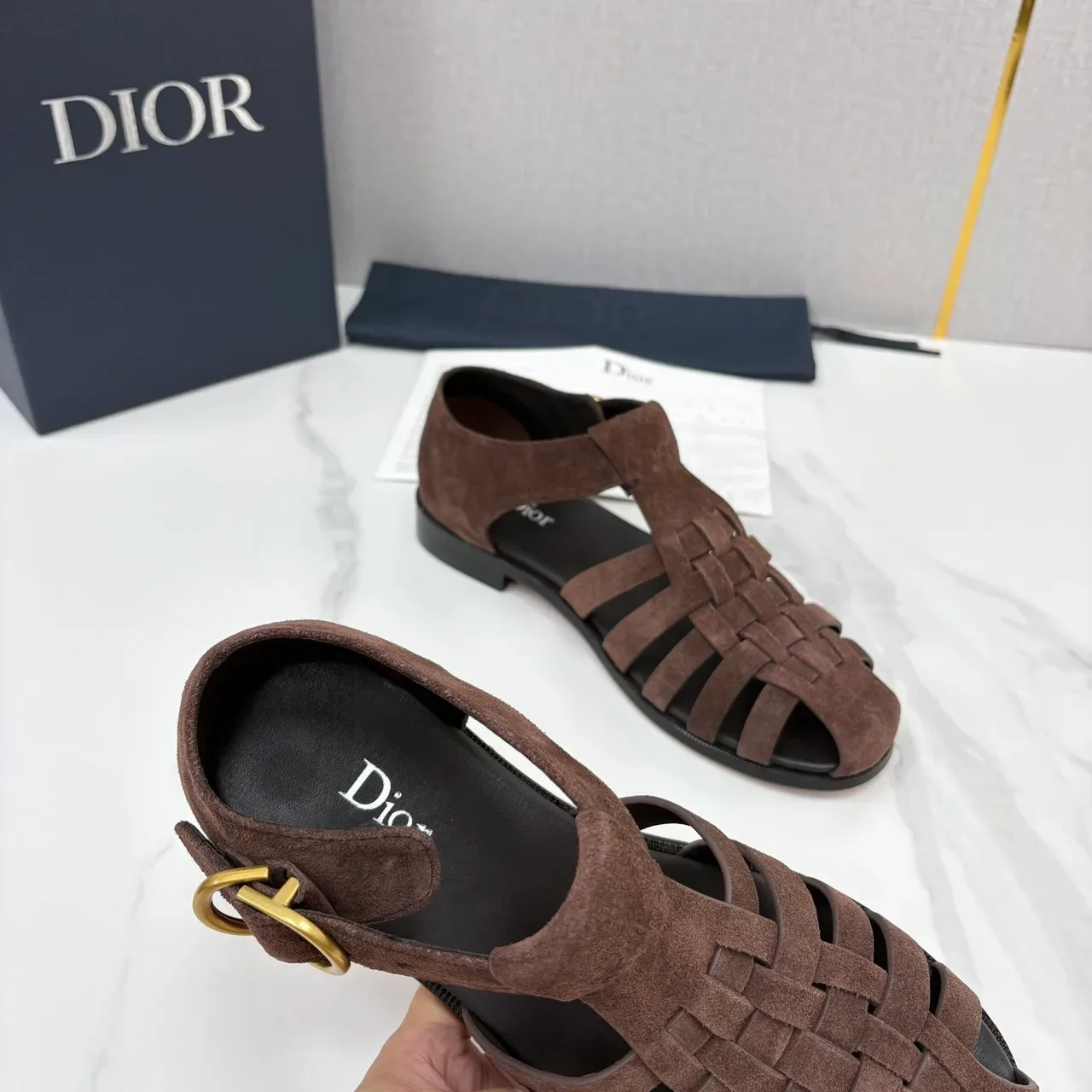 Dior Brown Black Woven Suede T-Strap Gladiator Sandals 3