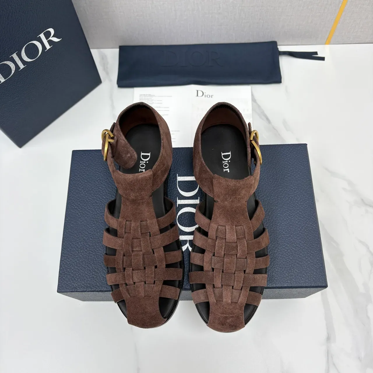Dior Brown Black Woven Suede T-Strap Gladiator Sandals 5