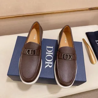 Dior Brown White Pebbled Leather CD-Buckle Strap Loafer