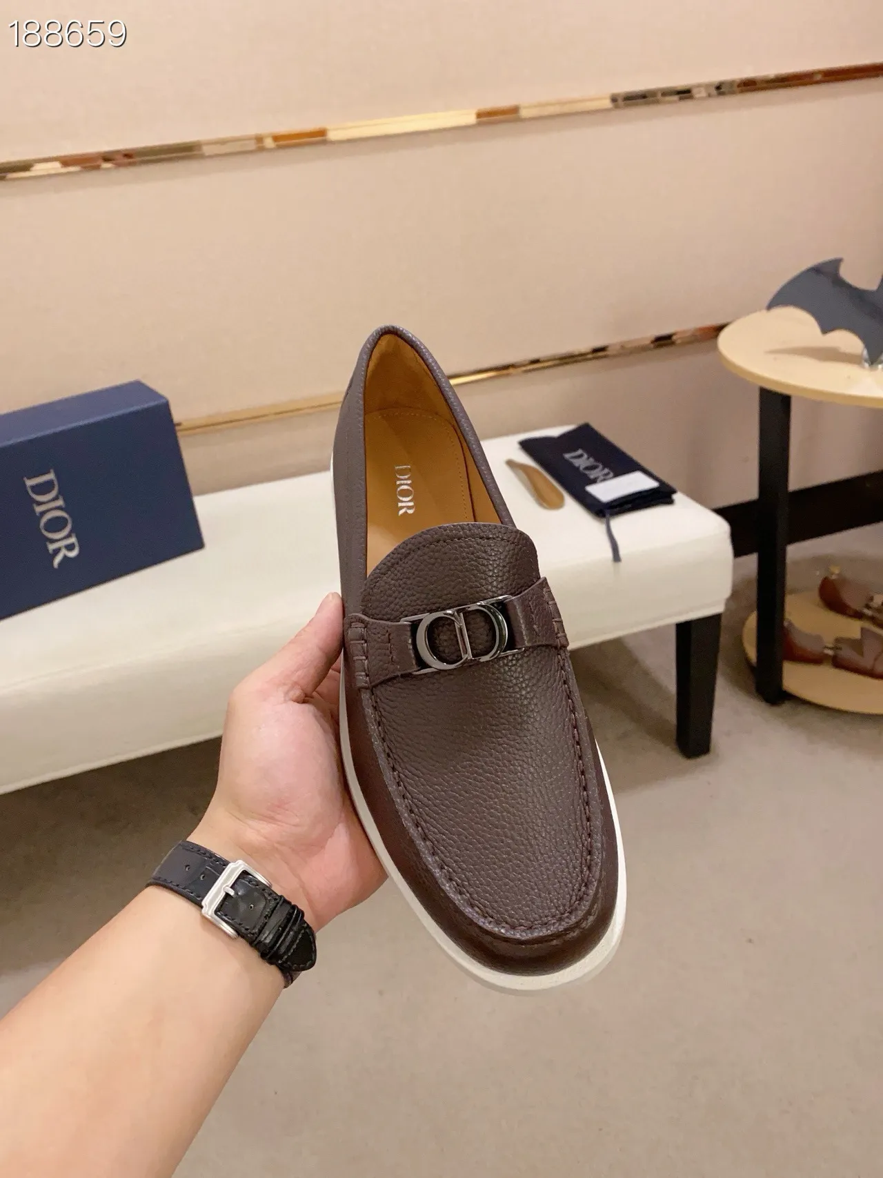 Dior Brown White Pebbled Leather CD-Buckle Strap Loafer 4