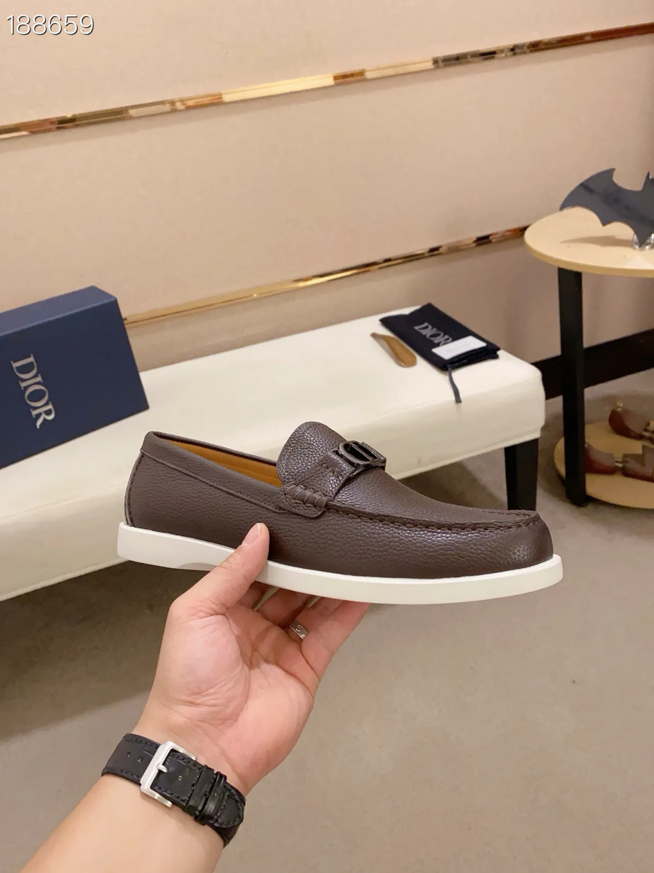 Dior Brown White Pebbled Leather CD-Buckle Strap Loafer 6