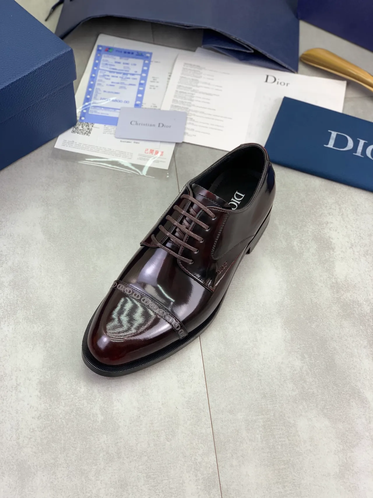 Dior Borgonha Preto Couro Verniz Ponta Oxford Sapatos 4