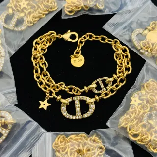 Dior CD Logo Charm Gold Transparent Chunky Curb Chain Pavé Crystal Charms Bracelet