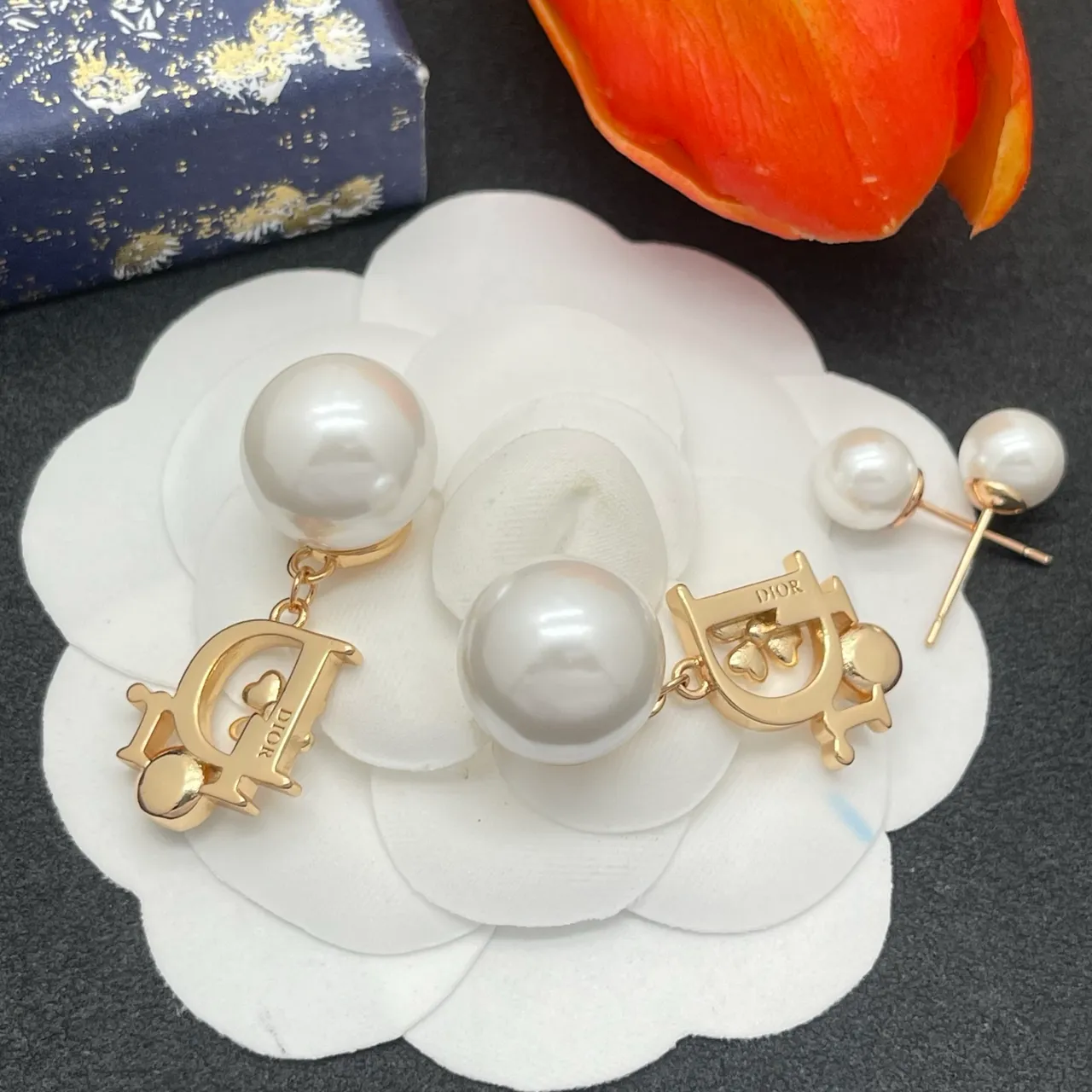 Dior Floral-D Motif Pearl and Crystal Drop Earrings 3
