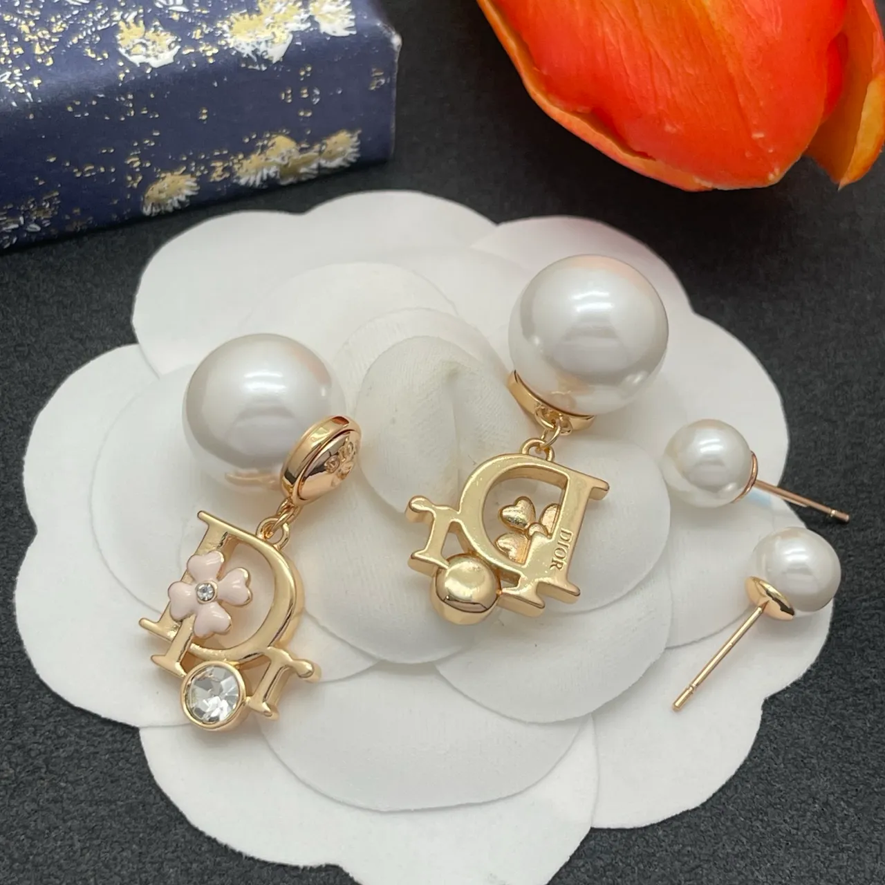 Dior Floral-D Motif Pearl and Crystal Drop Earrings 4