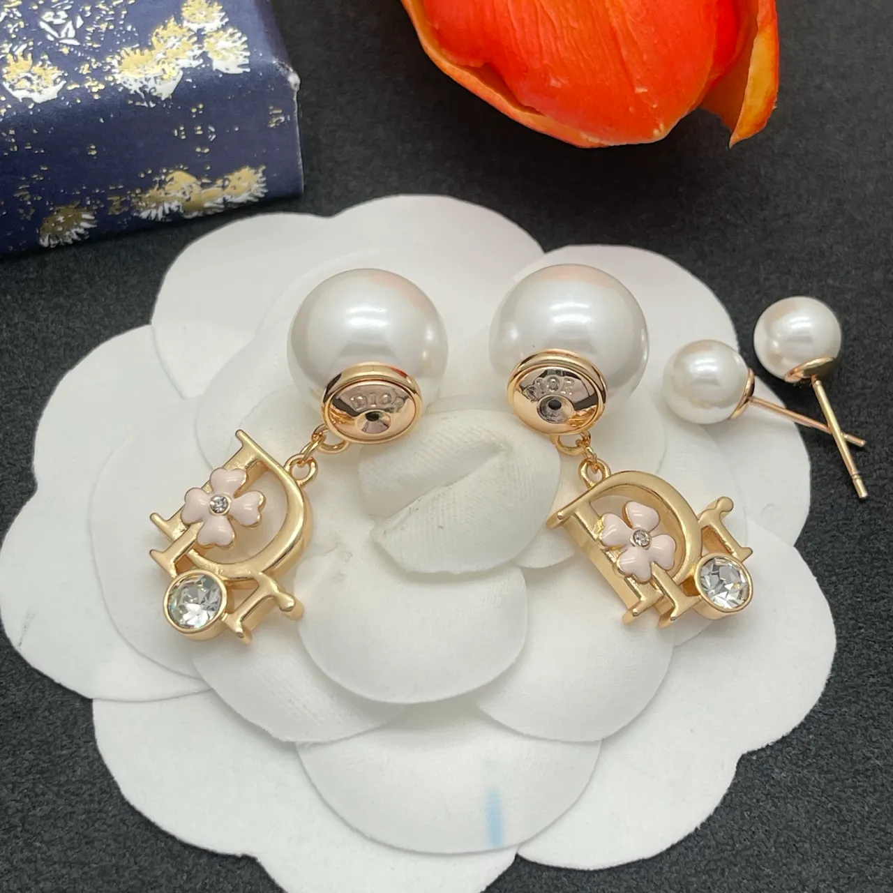 Dior Floral-D Motif Pearl and Crystal Drop Earrings 5