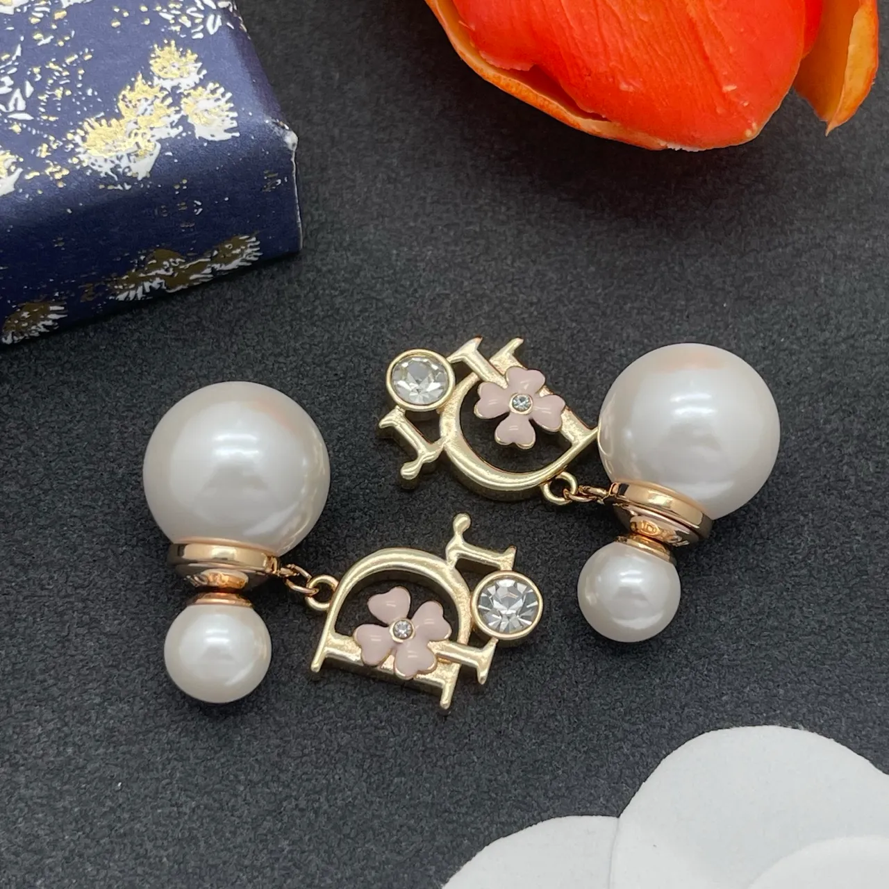 Dior Floral-D Motif Pearl and Crystal Drop Earrings 6