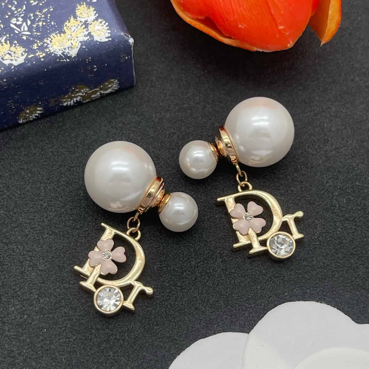 Dior Floral-D Motif Pearl and Crystal Drop Earrings 7