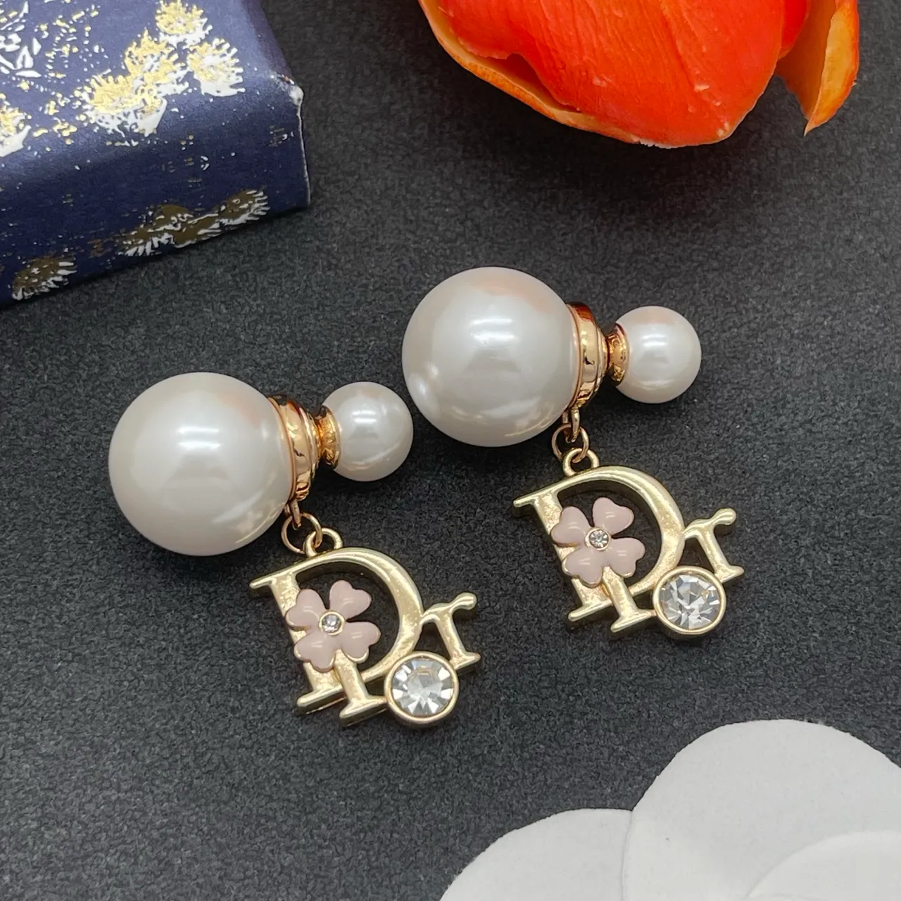 Dior Floral-D Motif Pearl and Crystal Drop Earrings 8