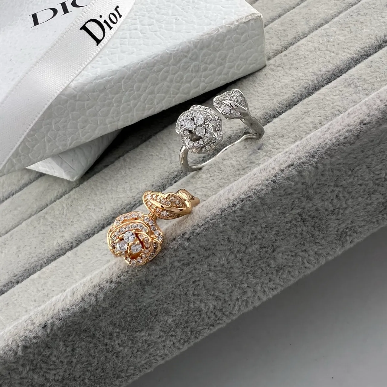 Dior Floral Pavé Ring Gold Silver Motif Crystal Setting Ring 4